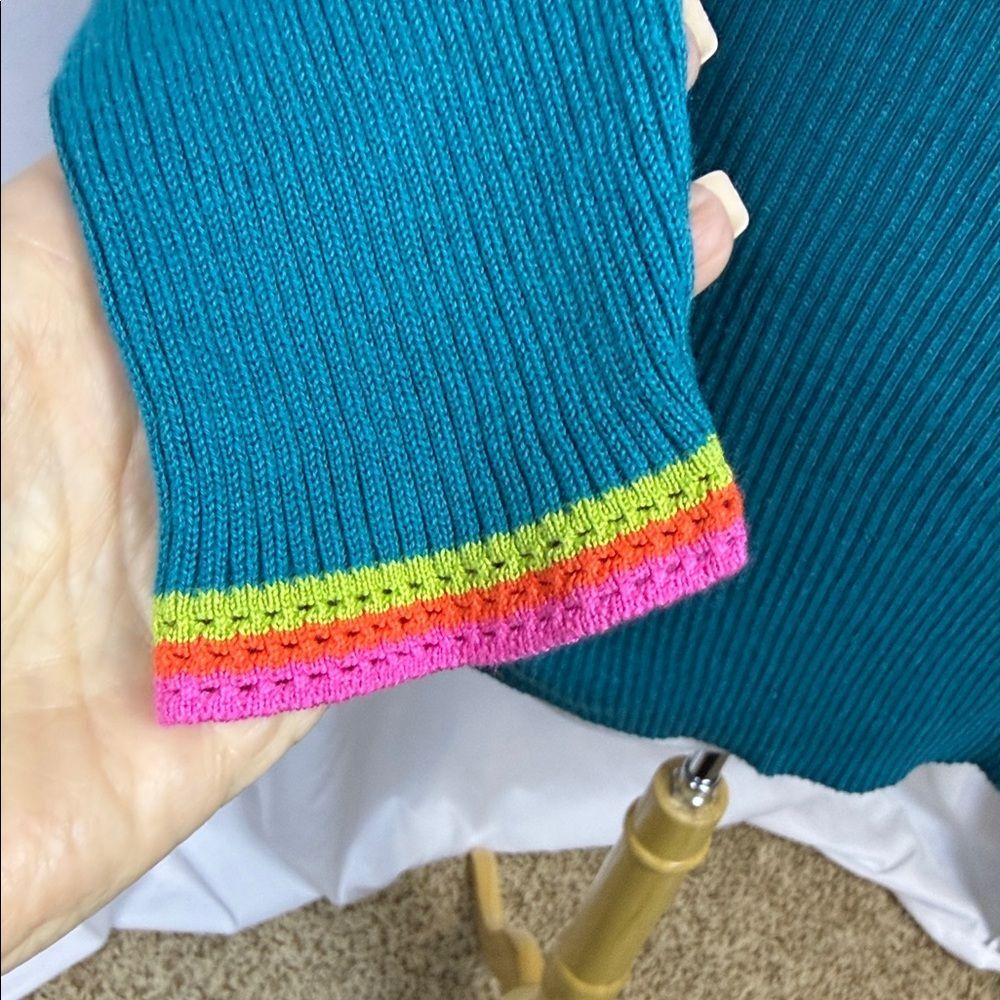 Belle by Kim Gravel Teal Sweater with Pink and Orange Accents, NWOT - Medium - Picture 4 of 10